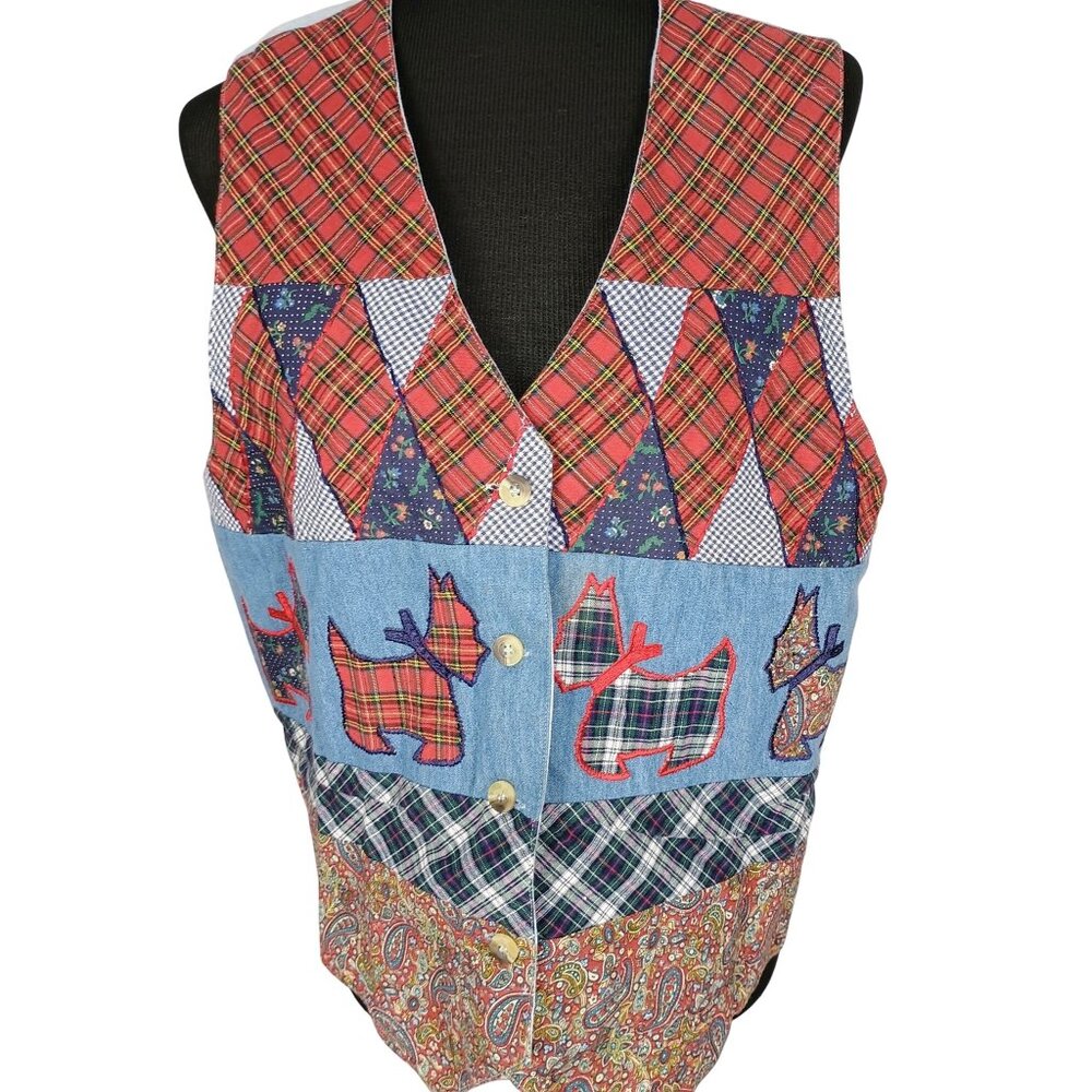 1990s Casey & Max Patchwork Denim Schnauzer Plaid Coquette Dog Granny Vest L